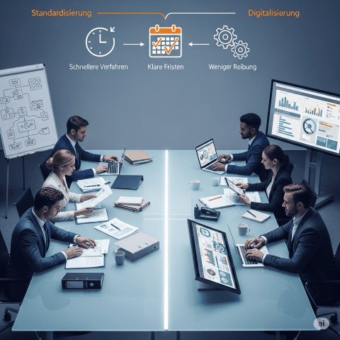 SunShine Sales: Ein modernes Büro, in dem zwei Teams an einem Tisch arbeiten. Die eine Seite symbolisiert die Standardisierung mit Dokumenten, die andere die Digitalisierung mit Laptops und Bildschirmen. Über dem Tisch verbinden Icons die Teams und stehen für schnellere Verfahren, klare Fristen und weniger Reibung.